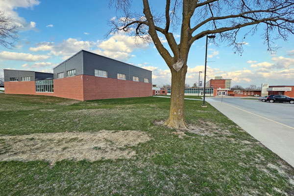 New music wing, left, and renovated secure entry, background right, at Keokuk High School.